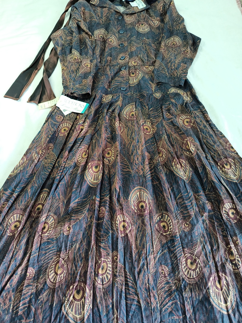 NWT Vintage 90s Donna Morgan Peacock Feather Dress 16W Whimsigoth Velvet Collar